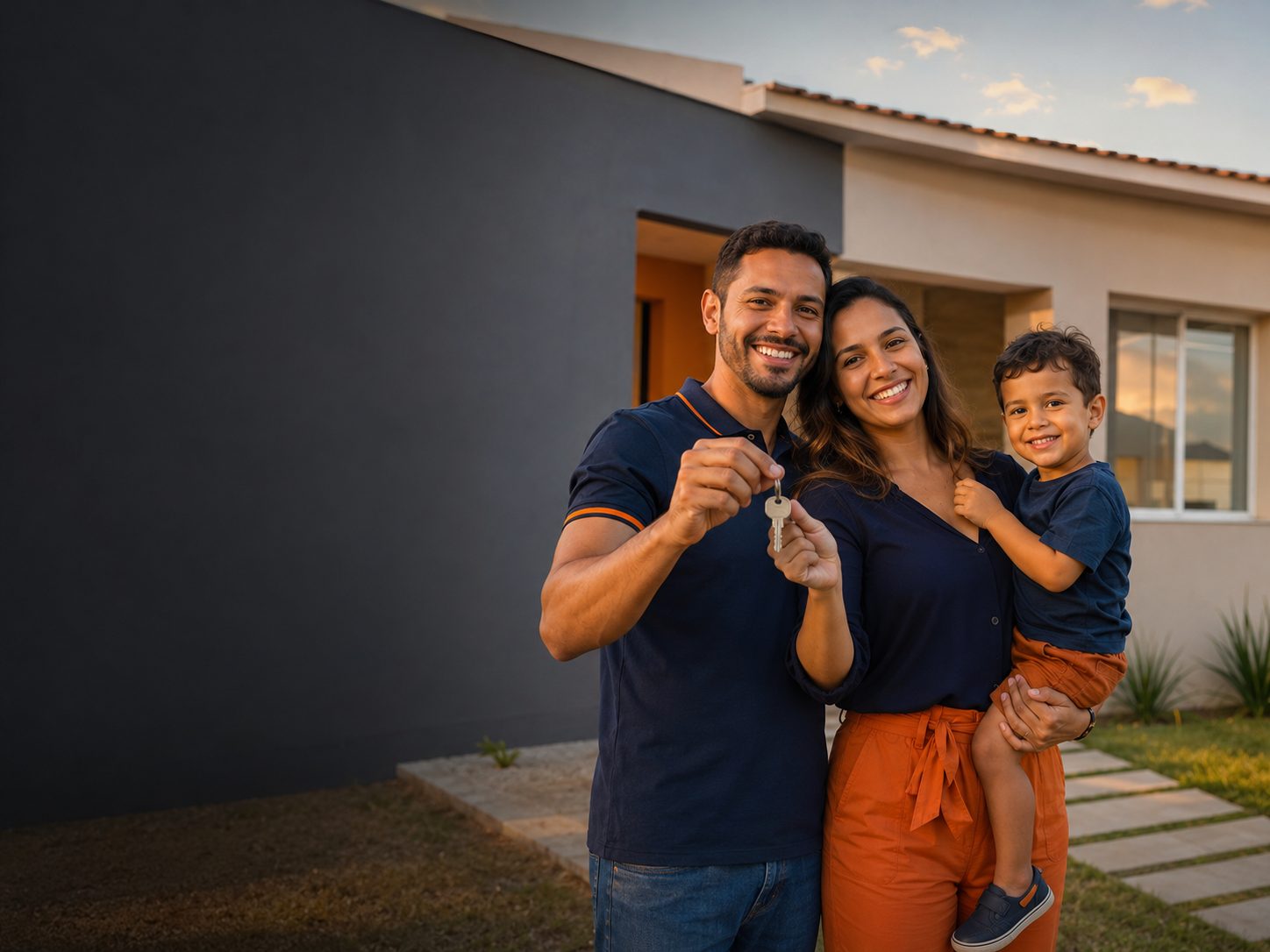 Família brasileira em frente à casa própria